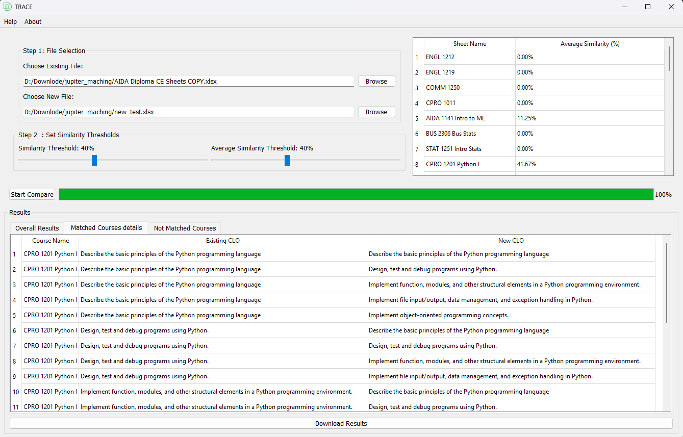 TRACE desktop application comparing course learning outcomes