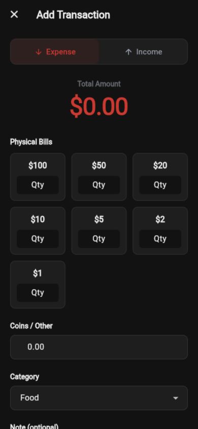 CashVault running its original mobile transaction form with bill denominations and category controls