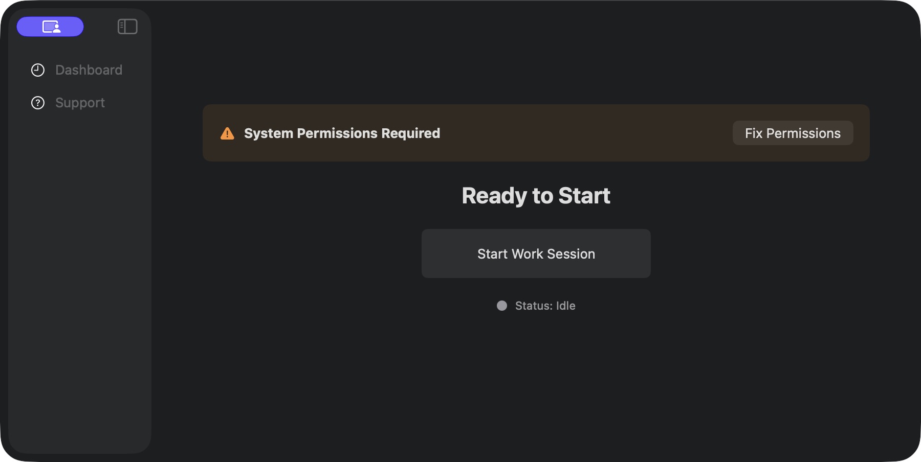 FocusReport running its native SwiftUI idle dashboard with a system permissions notice